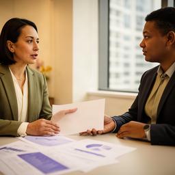 Singapore finance director speaking with a client beside printed cost reports